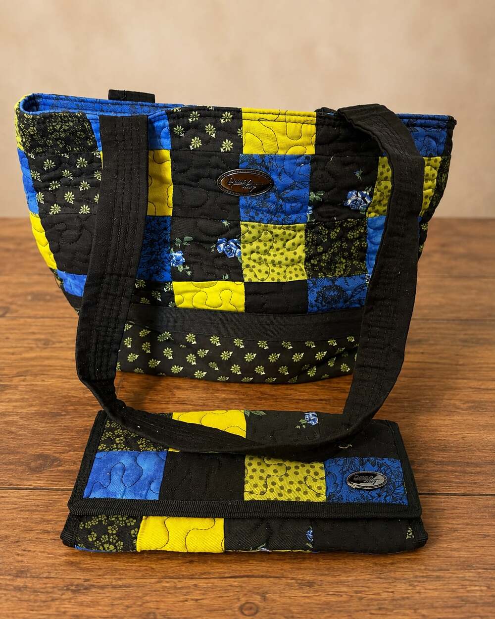 Donna Sharp Blue Black & Lime Quilted Patchwork Tote Bag and Wallet Set